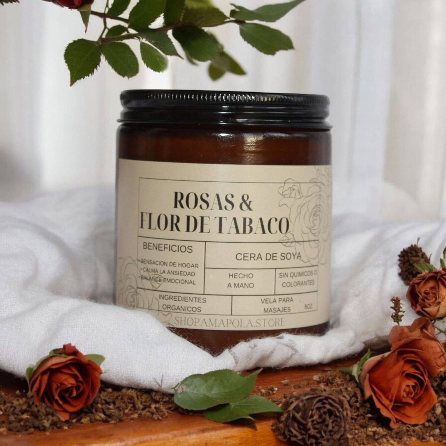 Velón Artesanal de Rosas y Flor de Tobacco Soy 8oz